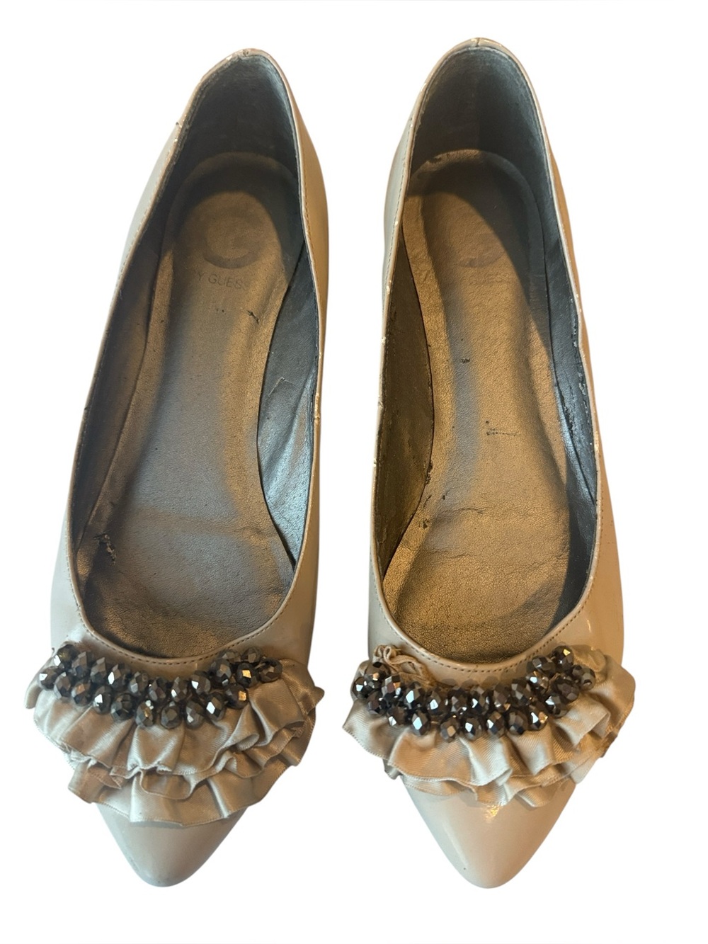 G by Guess Women's Nude Pointed Ballet Flats Ruffle Rhinstone Detail Size